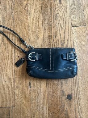 Coach Black Leather Wristlet with White Contrast Stitching